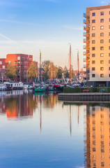 Colorful old harbor in the center of Groningen, Netherlands