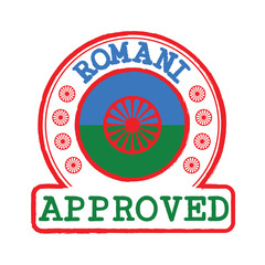 Vector Stamp of Approved logo with Romani people Flag in the round shape on the center.