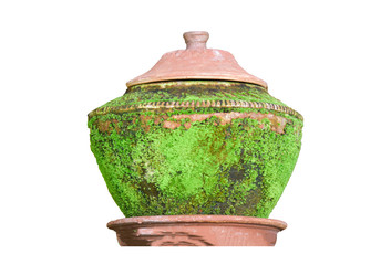 Old earthenware with moss isolated on white background. Drinking water container. Object with clipping path.