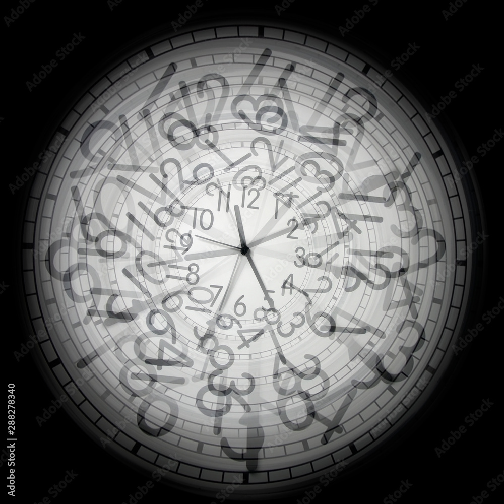 Poster conceptual time image of group of clocks over black background