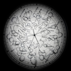 conceptual time image of group of clocks over black background