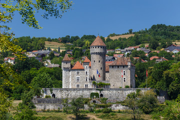 Fototapeta na wymiar View to medieval castle Chateau de Montrottier, France