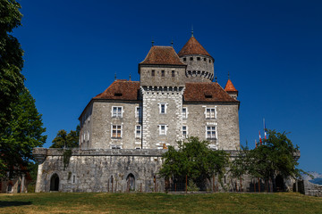 Fototapeta na wymiar View to medieval castle Chateau de Montrottier, France