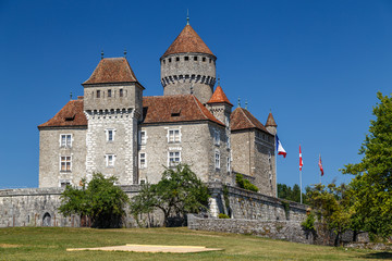 View to medieval castle Chateau de Montrottier, France