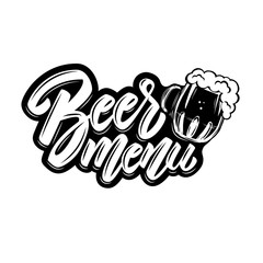 Beer menu. Lettering phrase with illustration of beer mug. Design element for menu, poster, emblem, sign