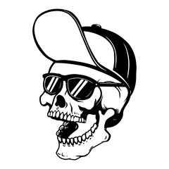 Skull in baseball cap and sun glasses. Design element for poster, t shirt, card, banner, emblem, sign.
