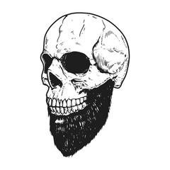 Hand drawn human skull with beard on light background. Design element for logo, label, sign, pin,poster, t shirt.