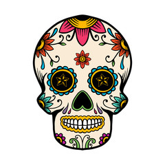 Hand drawn mexican sugar skull isolated on white background. Design element for poster, card, banner, t shirt, emblem, sign. Vector illustration