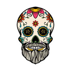 Hand drawn mexican bearded sugar skull isolated on white background. Design element for poster, card, banner, t shirt, emblem, sign. Vector illustration
