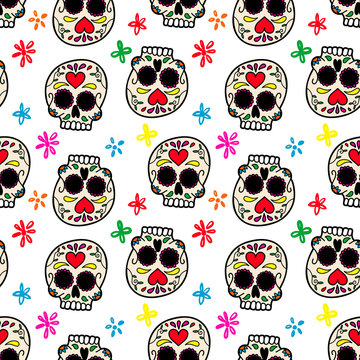 Seamless pattern with mexican sugar skulls. Design element for poster, card, flyer, banner.