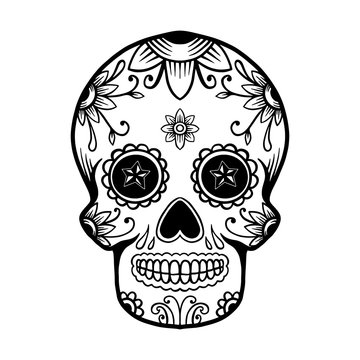 hand drawn mexican sugar skull isolated on white background. Design element for poster, card, banner, t shirt, emblem, sign.