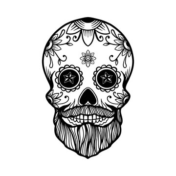 Hand drawn mexican bearded sugar skull isolated on white background. Design element for poster, card, banner, t shirt, emblem, sign.