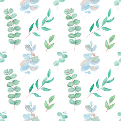 Watercolor seamless pattern with silver eucalyptus branches. Hand painted floral texture with plant objects on white background. Natural wallpaper.