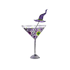 Martini glass with bright cocktail and eyeball. Halloween card. Hand-drawn watercolor Halloween cocktails. Background. for invitations to your party, postcards printing.