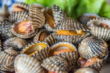 Steamed blanched cockles with Thai seafood dipping sauce and lettuce in the white dish.