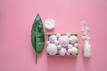 Spa composition with body care items on a colored background