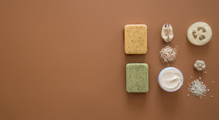 Spa composition with body care items on a colored background