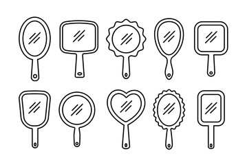 Hand mirrors with light reflection. Blank handheld makeup mirrors. Line icon set. Female beauty accessories. Isolated objects © Milta