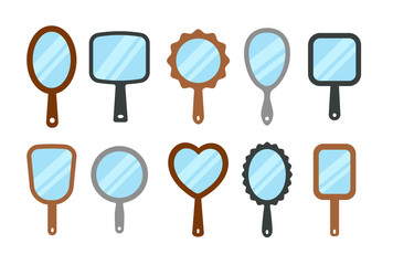 Hand mirrors with light reflection. Blank handheld makeup mirrors. Flat icon set. Female beauty accessories
