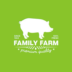 Emblem of a family farm with premium quality fresh pork on a green background. Vector green illustration of the emblem of a family farm