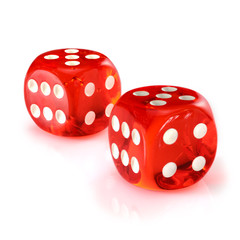Red acrylic transparent dice for games. Two gambling translucent dices isolated on white background, macro close-up high resolution.