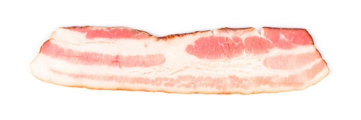 Rasher or sliced bacon ready for cooking. One piece of pork belly isolated on white background, close-up.