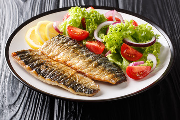 Healthy food grilled mackerel fillet with lemon and fresh vegetable salad close-up on a plate. horizontal