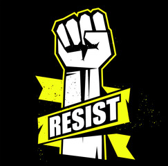 Fist male hand, resist symbol. Yellow fist emblem illustration on black background. Resist sign. Vector illustration.