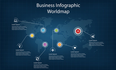 world map Infographic dark template with icons - world infographic - business infographic for presentations, websites, flyer, catalogues an booklets