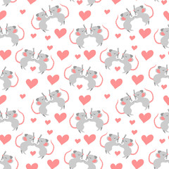 Obraz premium Seamless pattern with cute cartoon mice falling in love. Nice rodents with heart shapes isolated on white background. Valentines day repeated ornament. Flat vector illustration.