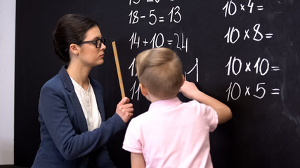 Teacher hitting schoolboy with ruler, boy writing on blackboard, punishment - obrazy, fototapety, plakaty