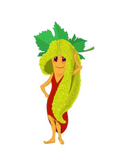 Cartoon character A bunch of grapes in a red dress and in a green hat in the form of a leaf.