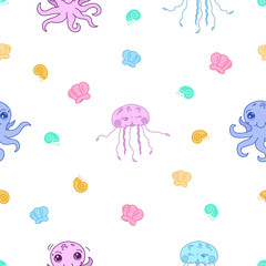 Fototapeta na wymiar cute sea creatures,seamless pattern with cartoon drawn kawaii jellyfish and octopus, shells, perfect for kids apparel, fabric, textile, nursery decoration, wrapping paper, editable vector illustration