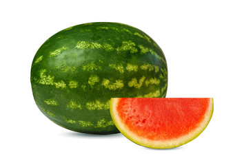 Isolated round striped watermelon on white background. Ripe round watermelon and cut watermelon slice with red pulp