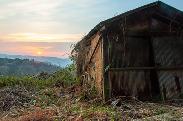Fototapeta na wymiar 錆びれた農作業の小屋と朝日