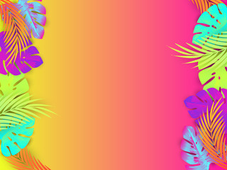 Fototapeta na wymiar Colorful Tropical Paper Cut Exotic Tree Leaves with Gradient Colorful Background Hawaiian Jungle, Summertime Background for Designs Web Designs Banners