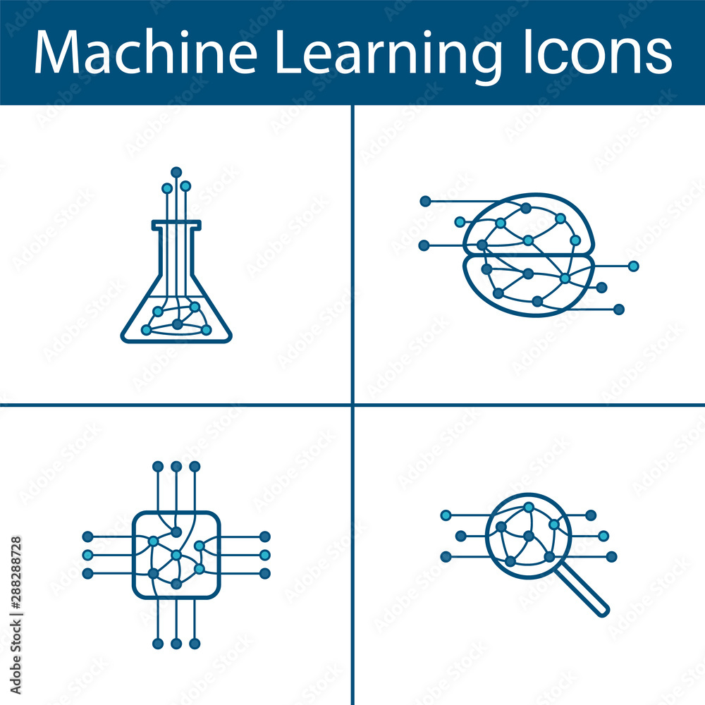 Poster set of four machine learning outline icons.
