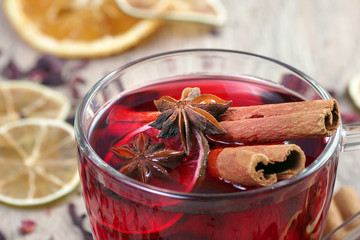 mulled wine, dried fruits and spices close up