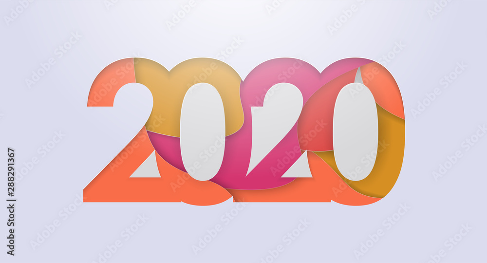 Poster happy new year 2020 greeting card with cut text from paper in fashionable autumn or spring colors. h