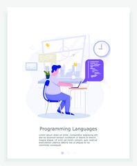 banner young man learns programming languages flat vector illustration