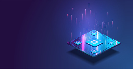 Futuristic microchip processor with lights on the blue background. Quantum computer, large data processing, database concept. CPU isometric banner. Central Computer Processors CPU concept.Digital chip