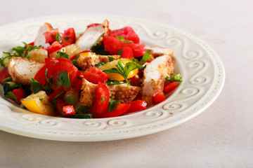 Salad with chicken fillet slices