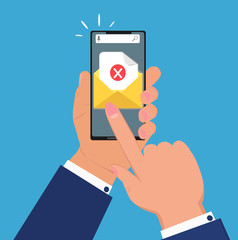 Email notification on smartphone, which hand holds. Sms icon or mail message reminder mailing on mobile phone