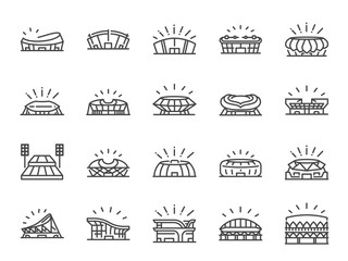 Sports stadium line icon set. Included icons as football arena, colosseum, competition stadium and more. - obrazy, fototapety, plakaty