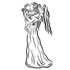 Winged mother with a winged child in her arms, a gentle kiss