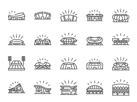 Sports stadium line icon set. Included icons as football arena, colosseum, competition stadium and more.
