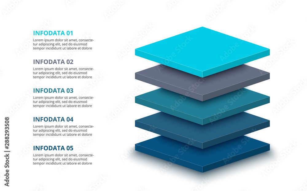 Poster 3d plates with 5 segments or layers. Modern infographic design template. Vector illustration for presentation. Concept of five stages of hierarchy