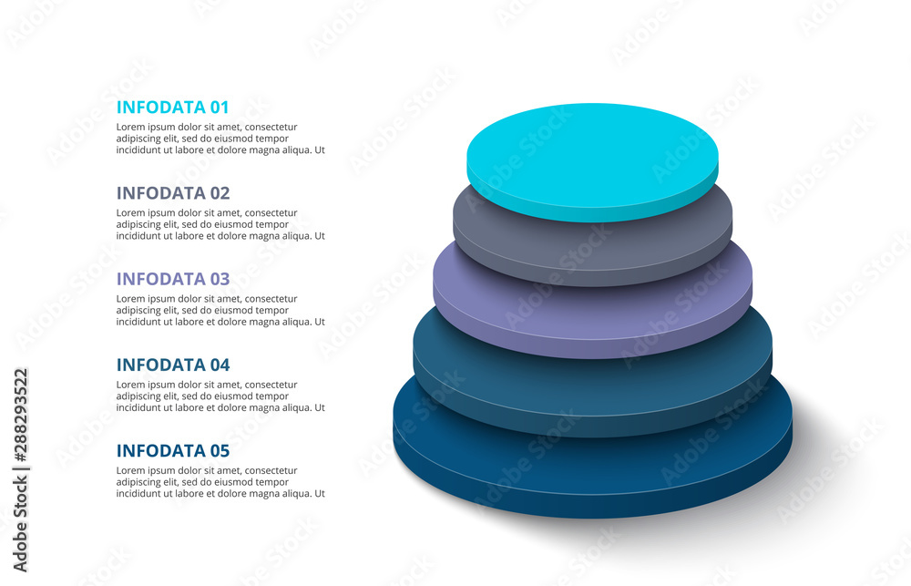 Poster 3d circles with 5 segments or layers. modern infographic design template. vector illustration for pr