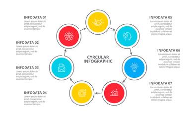 Cyclic diagram infographic with circles. Modern infographic design template with 7 options, steps or parts. Flat vector illustration for business presentation.