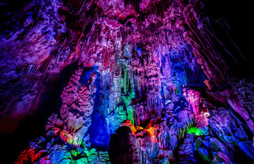 inside the Reed Flute Cave, a beautiful natural limestone cave in Guilin, Guangxi province of China